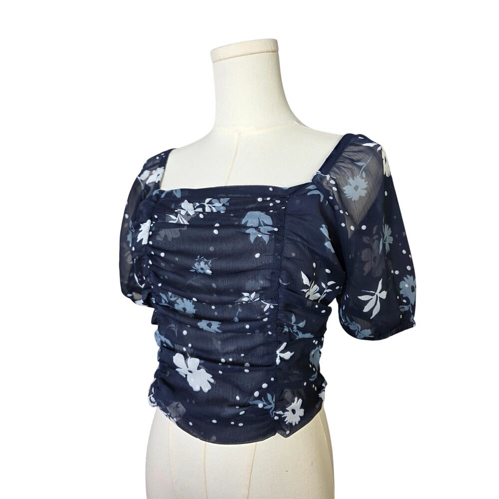 EXPRESS Navy Ditsy-Dot Floral Cinch Crop Square-Neck Top